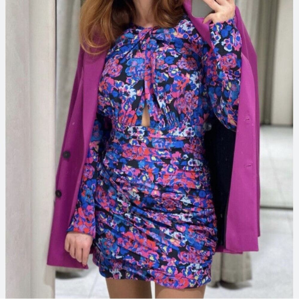 Zara Draped Floral Long Sleeve Mini Dress S